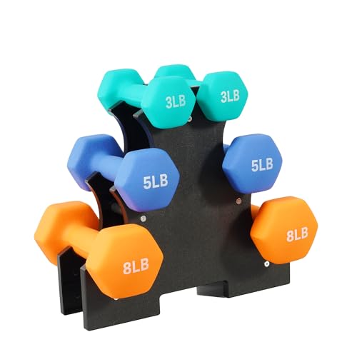 Fitvids Colored Neoprene Dumbbell Set with Rack, Multiple Weight Options, 20LBS, 32LBS, 50LBS and 56LBS Sets - style: 32LBS Set (3/5/8LB Pairs)
