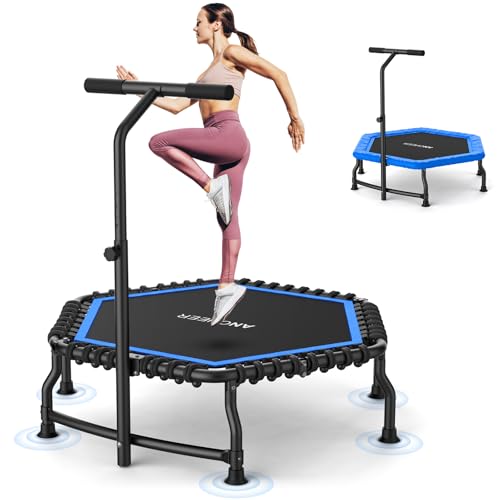 ANCHEER Trampoline, 50'' Rebounder Trampoline for Adult with Bar, Indoor Mini Trampoline, 550LBS Fitness Trampoline with Bungee, Jumping Cardio Equipment, Exercise Trampoline at Home Gym - color: Blue