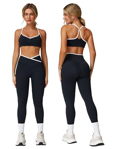 Women 2 Piece Workout Sets ColorBlock Cross Back Sports Bra High Waist Tummy Control Active Leggings Yoga Outfit - color: Black, size: X-Small