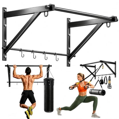 Adjustable Depth Pull Up Bar, Wall & Doorway Mounted Chin Up Bar with Hooks, Thickened Steel Construction, 500LBS Heavy Duty Capacity, Home Garage Upper Body Strength Training Equipment