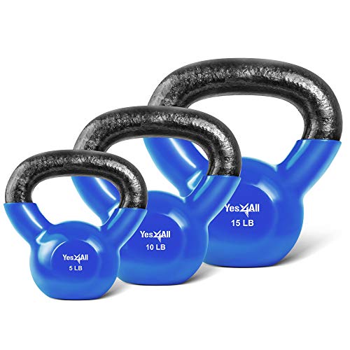 Yes4All Kettlebell, Vinyl Coated Kettlebell Cast Iron Sets with Stable Flat Bottom for Full Body Workout, Push up, Grip Strength Training & Weights Exercises - color: Blue, style: 5 - 15lb