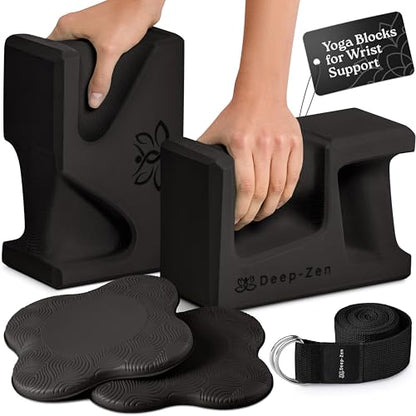 PRO Yoga Blocks | Ergonomic Yoga Block 2 Pack for Wrist Comfort and Support | EVA Foam Exercise Blocks, 2x Knee Pads & Yoga Strap | Pilates Block Set | Bricks to Eliminate Wrist Pain - color: Black