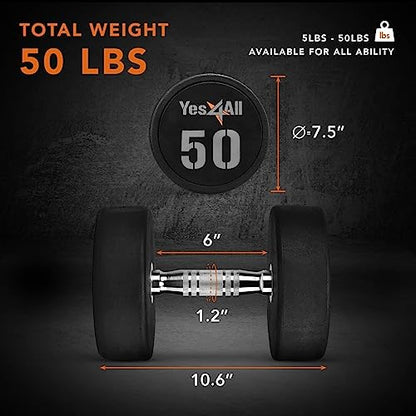 Yes4All Urethane Dumbbell with Anti-Slip Knurled Handle 5-50 LB for Muscle Building - Sold Individually - color: J1. 50 Pounds