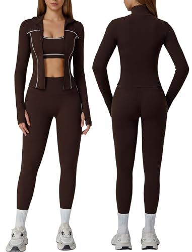 OMEWEE Womens workout sets Contrast Long Sleeve Jacket with Sports Bra and Butt-lifting Pants Yoga Outfits 3 Pieces Set - color: Brown, size: Small
