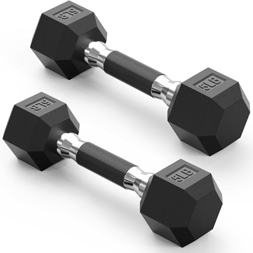 PAPABABE Hex Dumbbell Set with Rubber Grip 2.5-125lb, Odorless Rubber Coated Weight Fixed Dumbbells Set of 2/Single, Weights for Women at Home, Hand Weights for Home Gym & Strength Training,Pesas Para Ejercicios - size: 5 lb, Pair, style: Rubber Grip