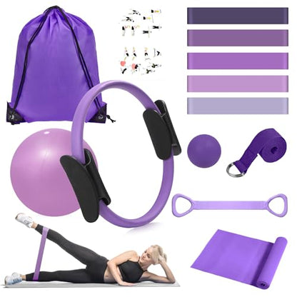 HASHMUST Pilates Ring Kit 12 PCS for Women, Home Workout Equipment with Magic Circle, Mini Exercise Ball, Resistance Bands, Massage Lacrosse, Yoga Strap, Full-Body Fitness Set for Toning & Gift