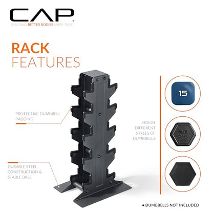 CAP Dumbbell Set with Rack, Rubber Coated Hex Free Weight Set | 100–300 lb Options, Vertical Space-Saving Storage for Home Gym Strength Training - size: 150 lb Set - Black Rack, style: Comfort Handle
