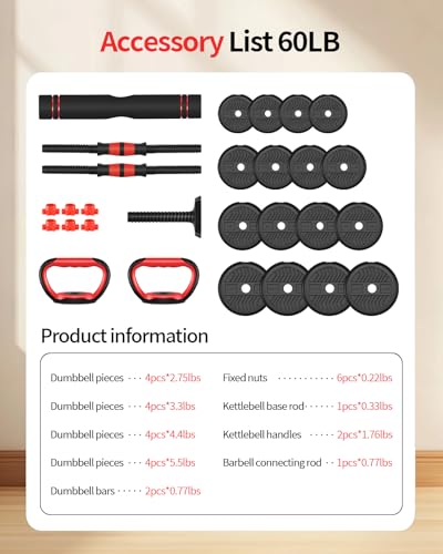 Adjustable Dumbbells,20/30/40/60/80lbs Free Weight Set with Connector, 4 in1 Dumbbells Set Used as Barbell/Kettlebells/Push up Stand, Fitness Workout Equipment for Home Gym for Youth,Women/Men