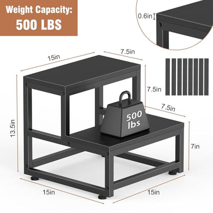 LIANTRAL 2 Step Stool for Adults Kids, Heavy Duty Sturdy Steel Frame with Wooden Steps, Bedside Foot Stool with 500lbs Load Capacity, Non-Slip Step Stool for High Bed, Kitchen, RV Step - Black