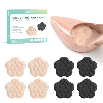 Ball of Foot Cushions for Women - Welnove Floral Design Metatarsal Pads for Pain Relief High Heels Insert Comfort Non Slip Forefoot Cushion for Pumps, Flats, Stilettos (Black & Beige, 4 Pairs)