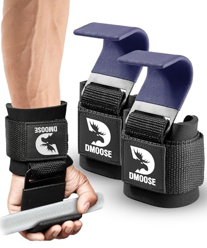 DMoose Fitness Weight Lifting Hooks (Pair) for Deadlifts, Pull Ups, Rows & Shrugs - Anti-Rip Nylon Strap Hand Grips with Thick Wrist Padding - Heavy Duty Wrist Straps for Weightlifting & Gym Workouts - color: Purple