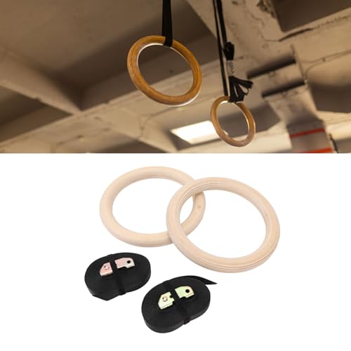Wooden Gymnastics Rings, Birch Pull Up Rings Set, Strength Training Rings for Bodyweight Fitness, Adjustable Gym Rings with Secure Straps for Outdoor Workout