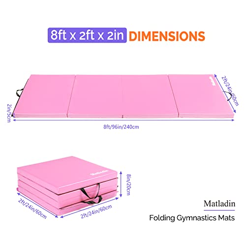 Matladin 8' Folding Gymnastics Gym Exercise Aerobics Mat, 8ft x 2ft x 2in PU Leather Tumbling Mats with Hook & Loop Fastener for Stretching Yoga Cheerleading Martial Arts