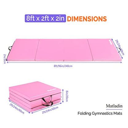 Matladin 8' Folding Gymnastics Gym Exercise Aerobics Mat, 8ft x 2ft x 2in PU Leather Tumbling Mats with Hook & Loop Fastener for Stretching Yoga Cheerleading Martial Arts