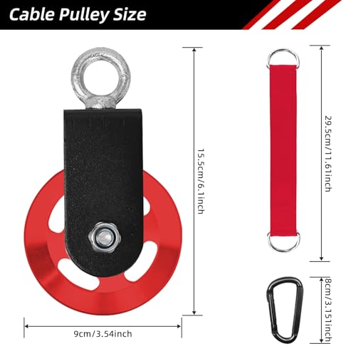 LFJ Aluminum Alloy Cable Pulley with Swing Strap Carabiner, 90mm Pulley Wheel for LAT Pulley System DIY Pull Down Attachment,Ladder Lift,Home Gym Equipment - color: Red-2Pack