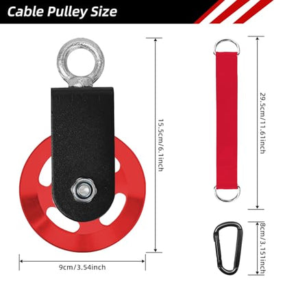 LFJ Aluminum Alloy Cable Pulley with Swing Strap Carabiner, 90mm Pulley Wheel for LAT Pulley System DIY Pull Down Attachment,Ladder Lift,Home Gym Equipment - color: Red-2Pack