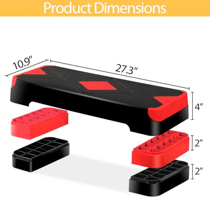 26.5" Height Adjustable Step Aerobic Platform with 4 Risers, Exercise Workout Stepper for Home Training, Gym Fitness, 4''- 6'' - 8'', 400 lbs Capacity