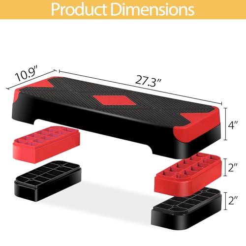 27'' Aerobics Stepper Workout Step Platform with 4 Risers 4"-6"-8" Height Adjustable, Non-Slip Fitness Exercise Workout Trainer for Cardio, Core, Strength Training,Home Gym