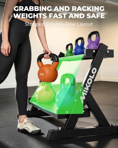 Mikolo Neoprene Coated Cast Iron Kettlebells 5-30LB Set, Solid Weight Set with Wide Grip Handle and Flat Bottom, Ideal for Full Body Strength Training at Home Gym - size: Rack Only