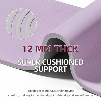 Extra Thick 12mm TPE Exercise Yoga Mat with Strap, 72"L x 24.8"W Non-slip Workout Mat for gymnastics, Pilates, Home, Workout, Gym Floor Fitness