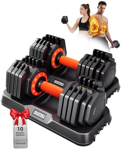 2026 Upgrade Adjustable Dumbbell Set 25lb/50lb, Small Increment in 3-6lb, 1 Hand Quick-Dial, 10-in-1 Adjustable Dumbbells with Tray, Anti-Slip Grip for Home Gym HIIT Strength Training - color: 25LB Pair