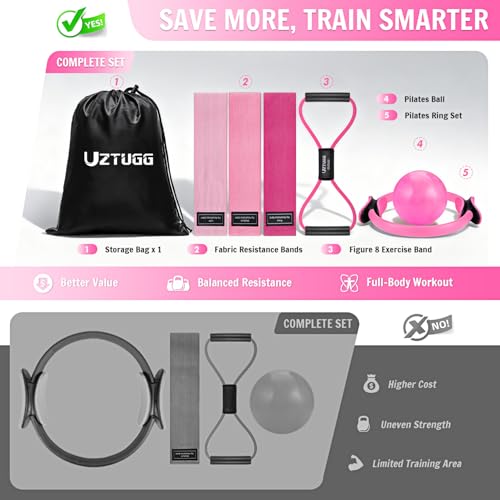 UZTUGG Pilates Kit for Women, Pilates Equipment with Pilates Ring and Ball Set, Fabric Resistance Bands, Figure 8 Resistance Band, Home Gym Equipment for Full-Body Workouts, Yoga & Physical Therapy - color: pink pilates kit