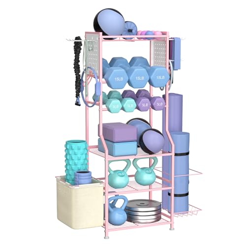 Dumbbell Rack, Home Gym Storage for Kettlebells, Yoga Mat & Strength Training Equipment, Weight Rack With Peg Board Organizer, Workout Gym Equipment Storage - color: Pink