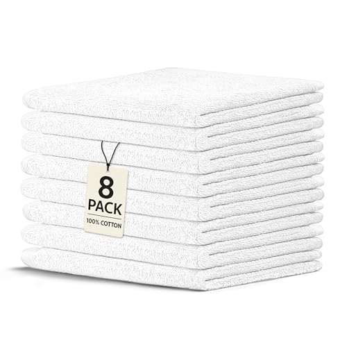 Crystal Ridge 100% Cotton Premium Wash Cloths, 12"x12", 8 Pack, Soft Feel, Absorbent Multipurpose Towels for Bathroom, Kitchen and Gym. Face & Body Washcloths, Bar Towels (8, White)