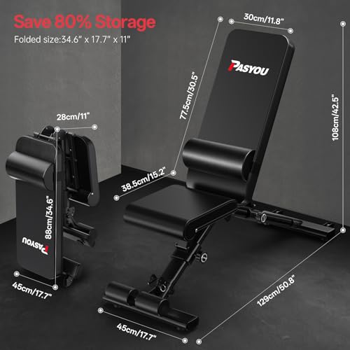 PASYOU Adjustable Weight Bench, 880 lb Capacity - Weight Bench Foldable, Incline Decline Flat Press Bench, with Lumbar Support, Compact Weight Benches for Home Gym, Suitable for Small Spaces