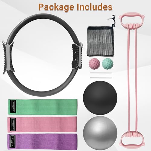 Home Pilates Kit, 15-Inch Pilates Ring with 2 Pilates Ball,2 massageballs,3 Resistance Bands for Toning Arms, Thighs/Legs & Core,1 Detachable Tension Strap