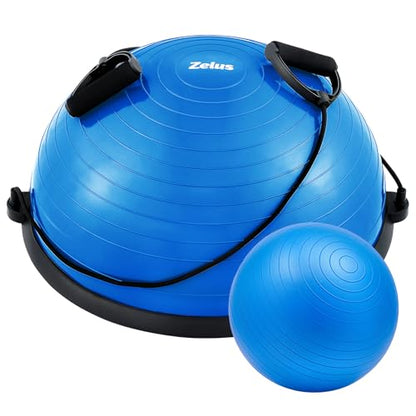 ZELUS Half Balance Ball Trainer, 23 inch Half Exercise Ball with Nonslip Base, 330lbs Cap Half Yoga Ball with Resistance Bands & Foot Pump, Extra Ball Included, Strength Fitness Ball for Home Gym