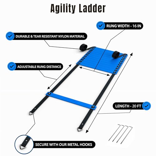 Complete Agility Ladder Training Set - 20ft Speed Ladder, 6 Adjustable Hurdles, 20 Cones, 5 Resistance Bands, 2 Speed Training Parachutes, Jump Rope, Nylon Carry Bag & Stakes