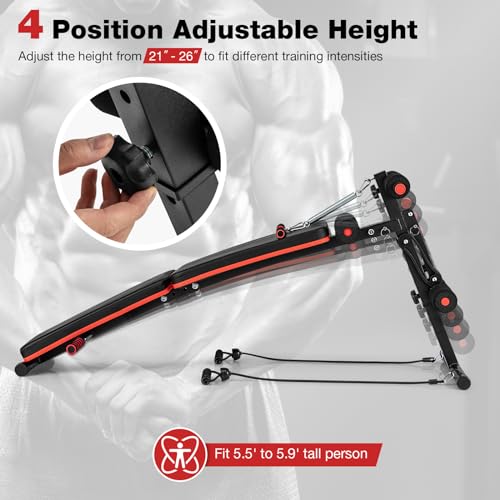 Goplus 7 in 1 Sit up Bench, Foldable Decline Incline Bench w/4 Position Adjustable Height & 2 Elastic Ropes for Strength Training, Curved AB Slant Board Workout Equipment for Home Gym Fitness, 330 LBS
