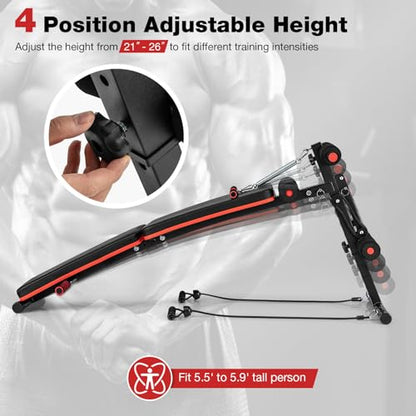 Goplus 7 in 1 Sit up Bench, Foldable Decline Incline Bench w/4 Position Adjustable Height & 2 Elastic Ropes for Strength Training, Curved AB Slant Board Workout Equipment for Home Gym Fitness, 330 LBS