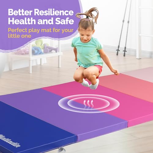 Matladin Folding Gymnastics Gym Exercise Aerobics Mat, 76"L x 30"W x 1.5"Th Folding Exercise Mat, Easy to Clean PU Leather Tumbling Mats for Stretching Yoga Cheerleading Martial Arts, Kid Play(Pink ,Blue）