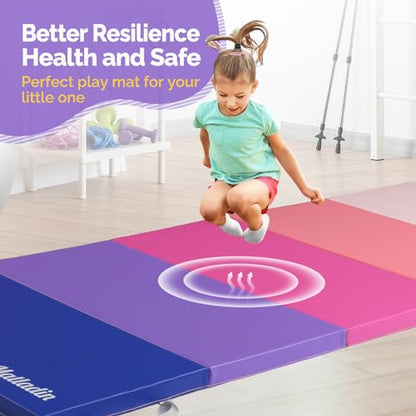 Matladin Folding Gymnastics Gym Exercise Aerobics Mat, 76"L x 30"W x 1.5"Th Folding Exercise Mat, Easy to Clean PU Leather Tumbling Mats for Stretching Yoga Cheerleading Martial Arts, Kid Play(Pink ,Blue）