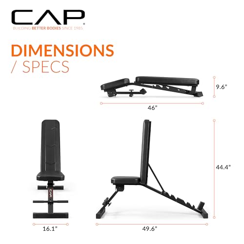 CAP Barbell Adjustable Training Utility Weight Bench | Foldable Multi-Position Incline/Flat Bench with 6 Backrest Settings, Thick Padding & 600 LB Capacity | Home Gym Workout Bench