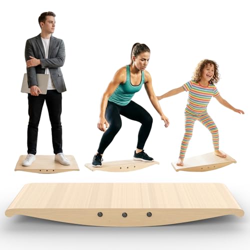 Wood Balance Board for Standing Desk - 360° Wobble Board for Anti-Fatigue & Core Strength Training - Anti-Slip Rocker for Surf, Skate & Ski Simulation, Supports 330lbs