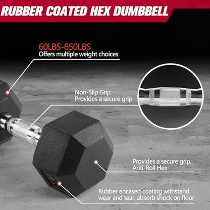 RitFit Rubber Hex Dumbbell Set with Storage Weight Rack - style: 660 LBS (5-55LB)