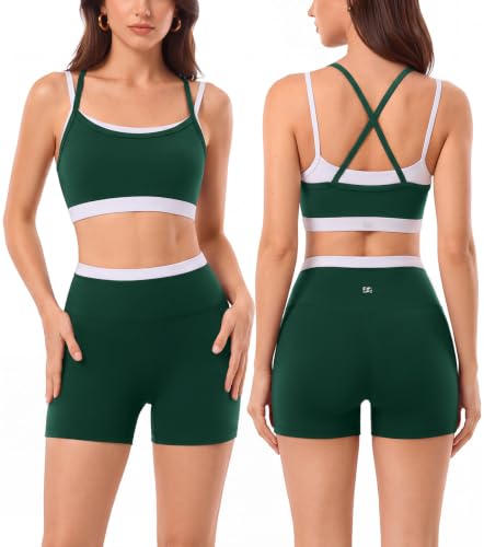 2 Pieces Workout Sets for Women,Seamless Athletic Short with Double Layer Sports Bra,Gym Matching Outfits - color: Grn015, size: Large