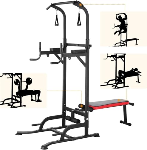 Power Tower with Bench, Pull Up Bar Stand, Dip Bar w/Folding Bench 4 Ropes Strength Training, Multi-Function Fitness Equipment for Home Gym, Adjustable Heights and Angles Dip Station, 400LBS
