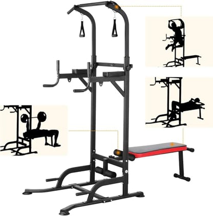 Power Tower with Bench, Pull Up Bar Stand, Dip Bar w/Folding Bench 4 Ropes Strength Training, Multi-Function Fitness Equipment for Home Gym, Adjustable Heights and Angles Dip Station, 400LBS