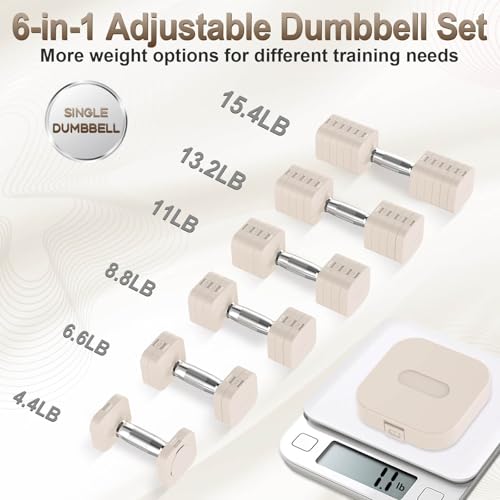 Hezeyferg 30.8LB Adjustable Dumbbell Set, Each Adjustable Weight Dumbbell with 6 Levels 4.4/6.6/8.8/11/13.2/15.4lb, Hand Weights Set for Men/Women Home Gym Exercise Workout - color: Beige