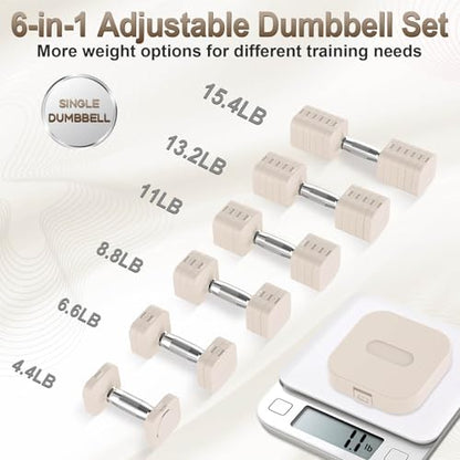 Hezeyferg 30.8LB Adjustable Dumbbell Set, Each Adjustable Weight Dumbbell with 6 Levels 4.4/6.6/8.8/11/13.2/15.4lb, Hand Weights Set for Men/Women Home Gym Exercise Workout - color: Beige