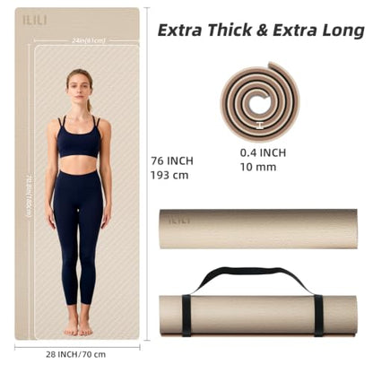ILILI 10mm Extra Thick, TPE Yoga Mat, 76×28 Inch Extra Long, Carrying Strap - color: Beige+Brown