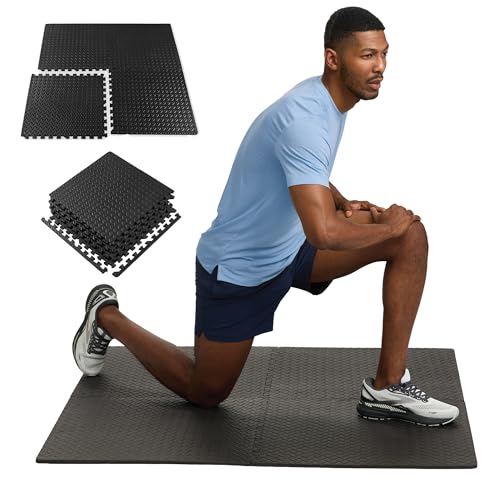 Champion Interlocking Foam Floor Tiles, 12mm Thick EVA Foam Exercise Mat Set with 4 Interlocking Mats & 8 Border Pieces, Non-Slip Cushioned Flooring for Home Workout, Yoga, Stretching, and Pilates