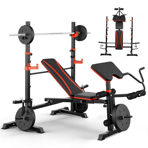 Foldable 1500LBS 8 IN 1 Olympic Weight Bench Set with Squat Rack, Leg Extension/Curl & Preacher Curl, Adjustable Bench Press Set with Safety Bar Catches for Home Gym Full Body Workout