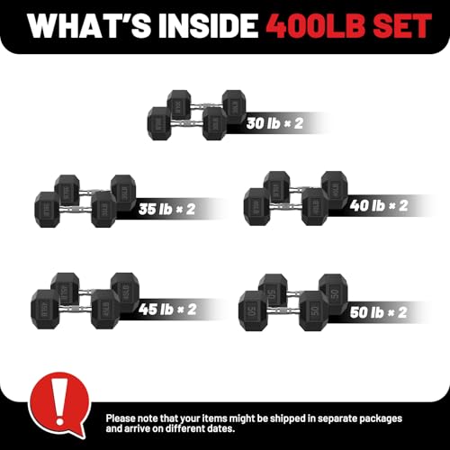 PAPABABE Hex Dumbbell Set 45-550 lb, Rubber Encased Home Gym Dumbbells, Weights Dumbbells for Women & Men, Hand Weight for Strength Training - size: 400 lb Set (Pair of 30, 35, 40, 45, 50), style: Chrome Grip