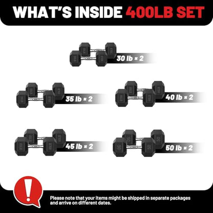 PAPABABE Hex Dumbbell Set 45-550 lb, Rubber Encased Home Gym Dumbbells, Weights Dumbbells for Women & Men, Hand Weight for Strength Training - size: 400 lb Set (Pair of 30, 35, 40, 45, 50), style: Chrome Grip