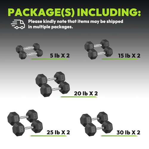 HANDBODE Rubber Coated Hex Dumbbell Set, 90-640 lb - size: 190 lb set (pair of 5, 15, 20, 25, 30)